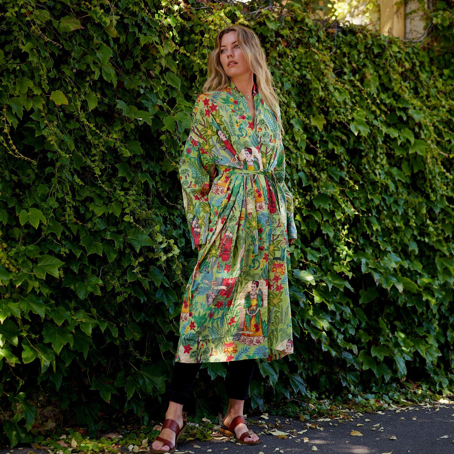 Frida’s Enchanted World 100% Cotton Kimono Robe – Lightweight, Bird of Paradise Hand-Screen Printed Design, Versatile Kimono, Bathrobe, Kaftan, Oversized Top, Free Size, Comfortable Lounge Wear, Limited Edition, Cotton Tie Strap