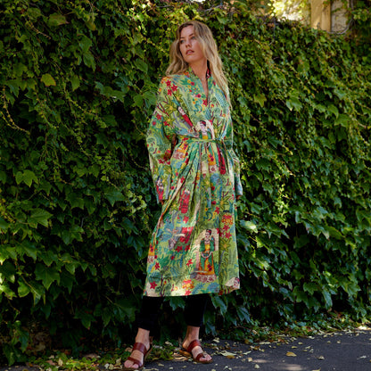 Frida’s Enchanted World 100% Cotton Kimono Robe – Lightweight, Bird of Paradise Hand-Screen Printed Design, Versatile Kimono, Bathrobe, Kaftan, Oversized Top, Free Size, Comfortable Lounge Wear, Limited Edition, Cotton Tie Strap