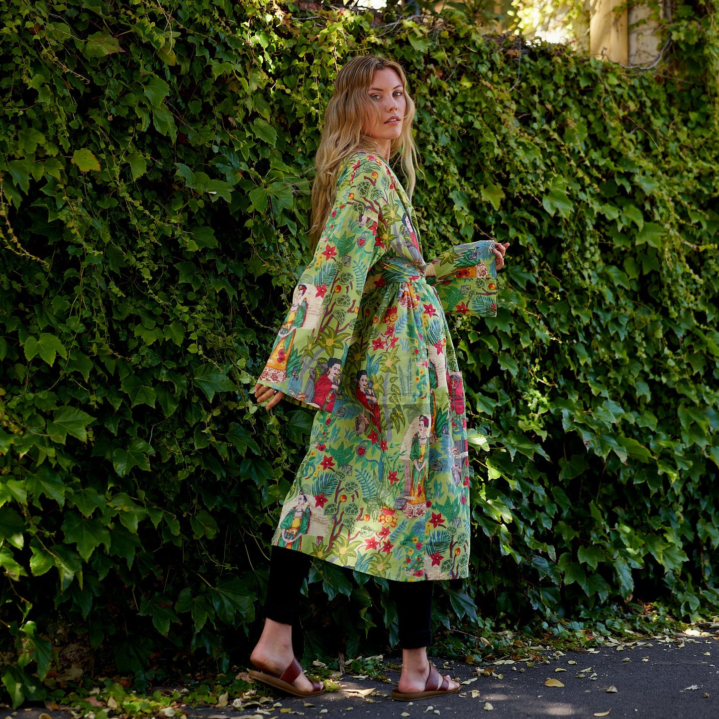 Frida’s Enchanted World 100% Cotton Kimono Robe – Lightweight, Bird of Paradise Hand-Screen Printed Design, Versatile Kimono, Bathrobe, Kaftan, Oversized Top, Free Size, Comfortable Lounge Wear, Limited Edition, Cotton Tie Strap