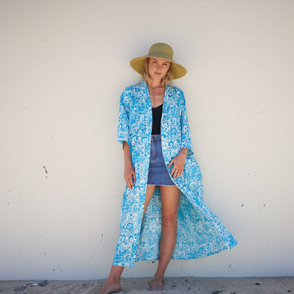 Ocean Blossoms 100% Cotton Kimono Robe – Frida Kahlo-Inspired, Bird of Paradise Print, Versatile Multi-Way Wear, Free Size, Limited Edition