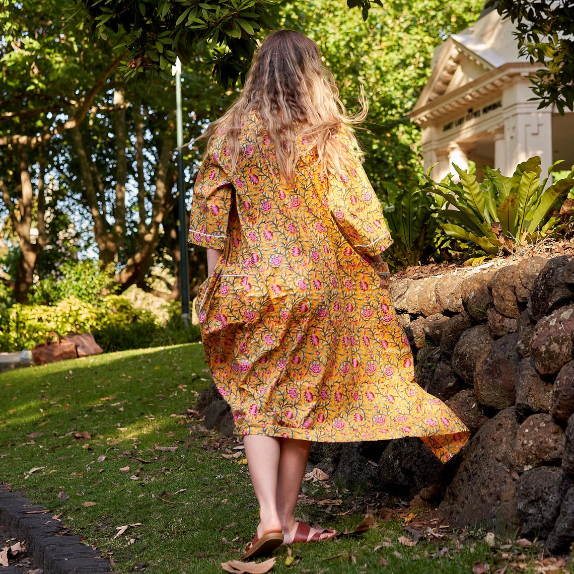 Serenity in Spring 100% Cotton Kimono Robe – Frida Kahlo-Inspired, Bird of Paradise Hand-Screen Printed Design, Bathrobe, Kaftan, Lounge Wear, Free-Size Kimono