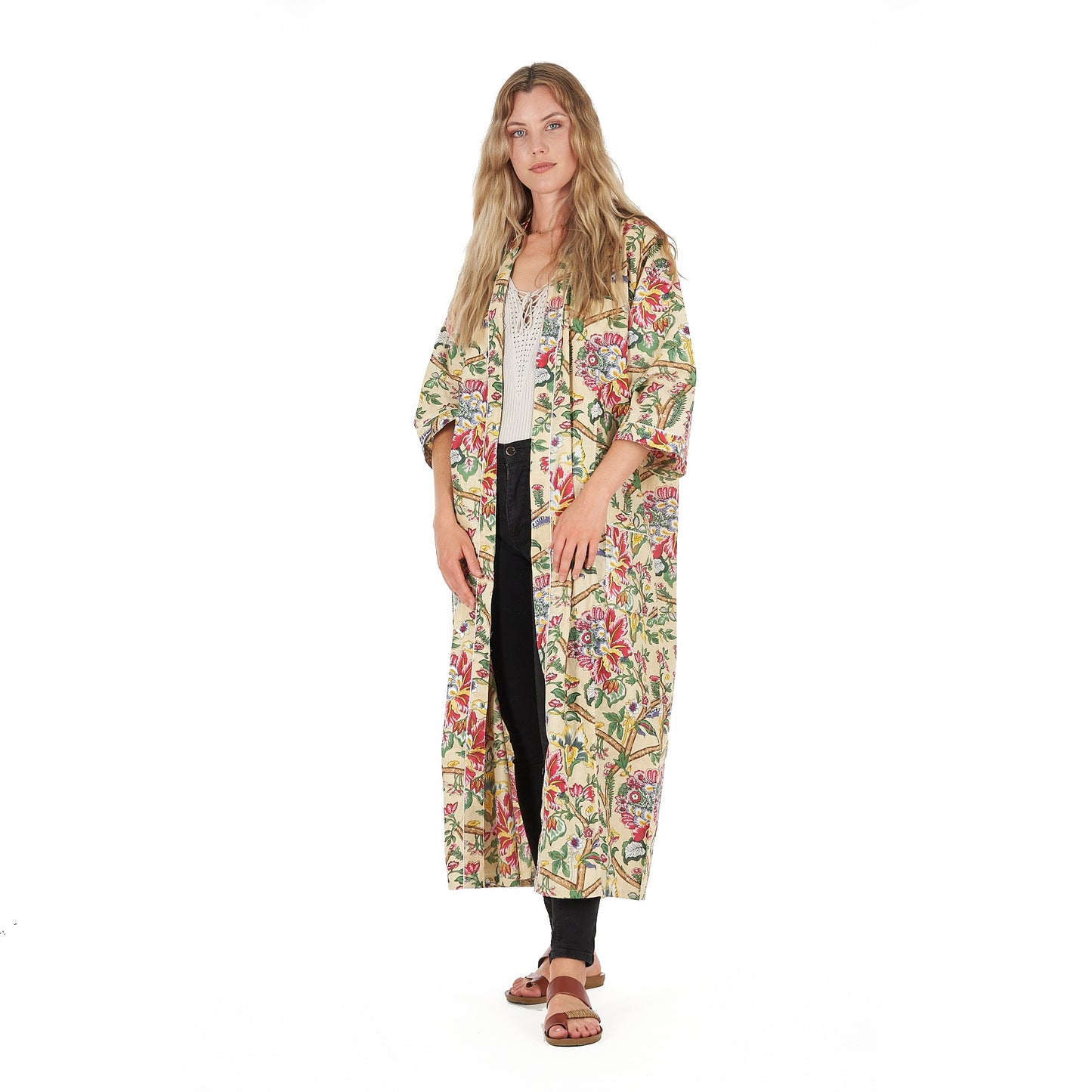 Yellow Sherbet Florals Frida Kahlo Inspired Kimono Robe – Bird of Paradise Print, 100% Cotton Cambric, Free Size, Versatile Kaftan & Bathrobe, Limited Edition