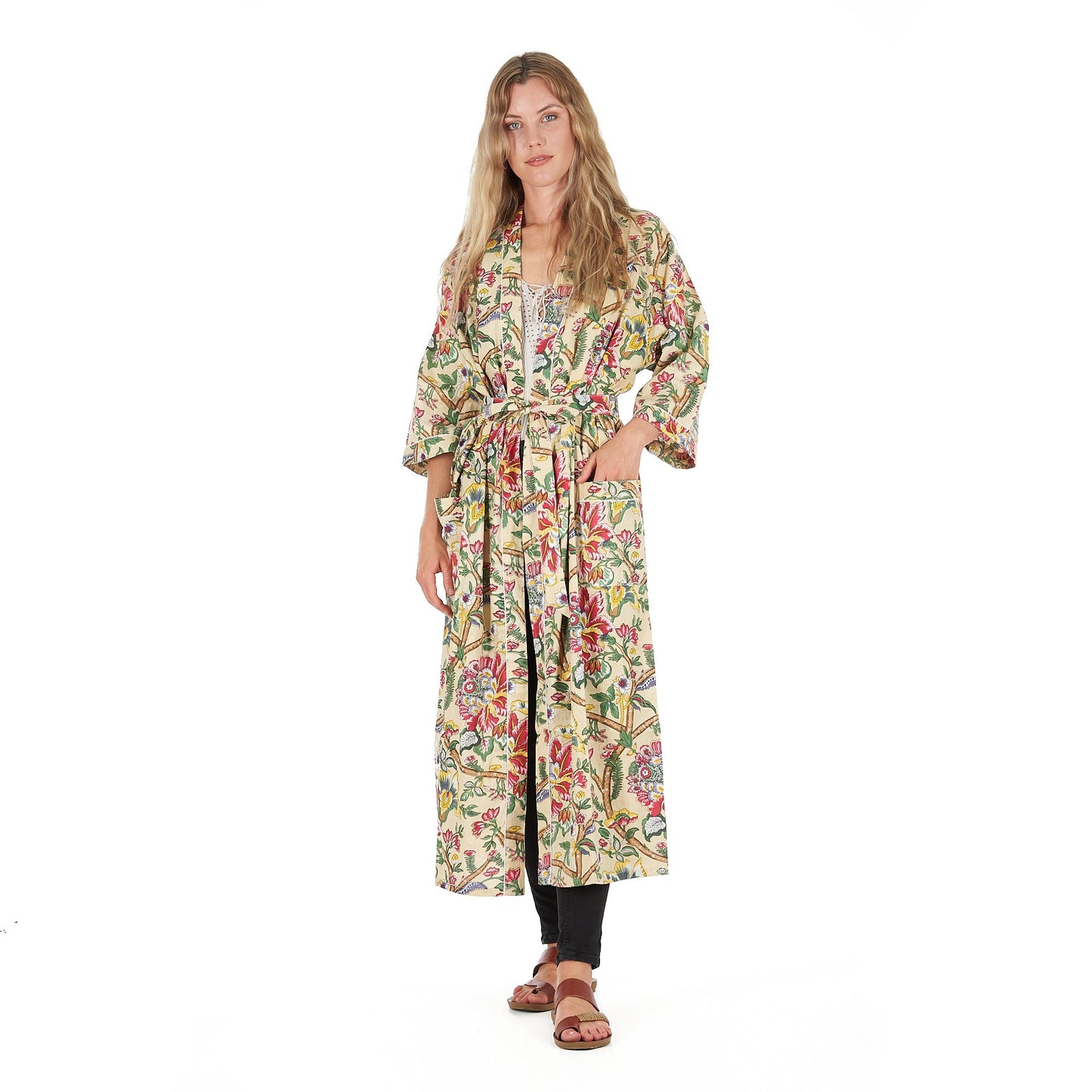 Yellow Sherbet Florals Frida Kahlo Inspired Kimono Robe – Bird of Paradise Print, 100% Cotton Cambric, Free Size, Versatile Kaftan & Bathrobe, Limited Edition