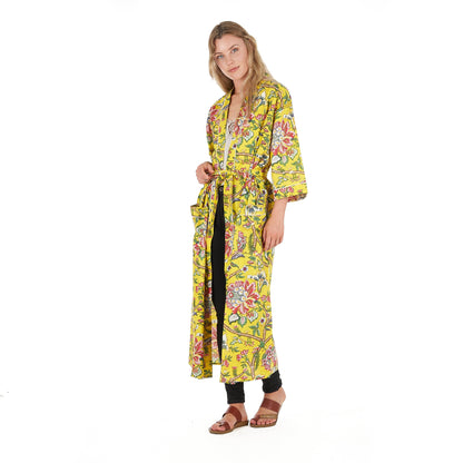 Lemon Floral Hues Frida Kahlo Inspired Kimono Robe – Bird of Paradise Print, 100% Cotton Cambric, Free Size, Versatile Kaftan, Bathrobe & Cardigan, Limited Edition