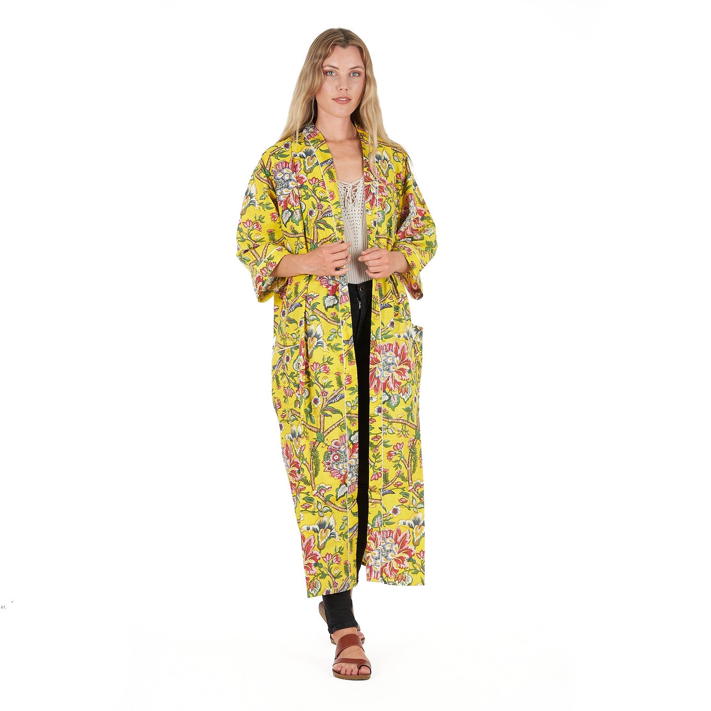 Lemon Floral Hues Frida Kahlo Inspired Kimono Robe – Bird of Paradise Print, 100% Cotton Cambric, Free Size, Versatile Kaftan, Bathrobe & Cardigan, Limited Edition