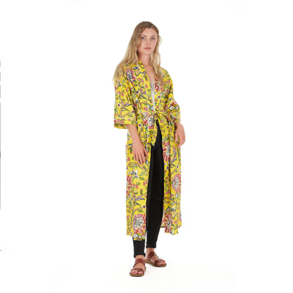 Lemon Floral Hues Frida Kahlo Inspired Kimono Robe – Bird of Paradise Print, 100% Cotton Cambric, Free Size, Versatile Kaftan, Bathrobe & Cardigan, Limited Edition