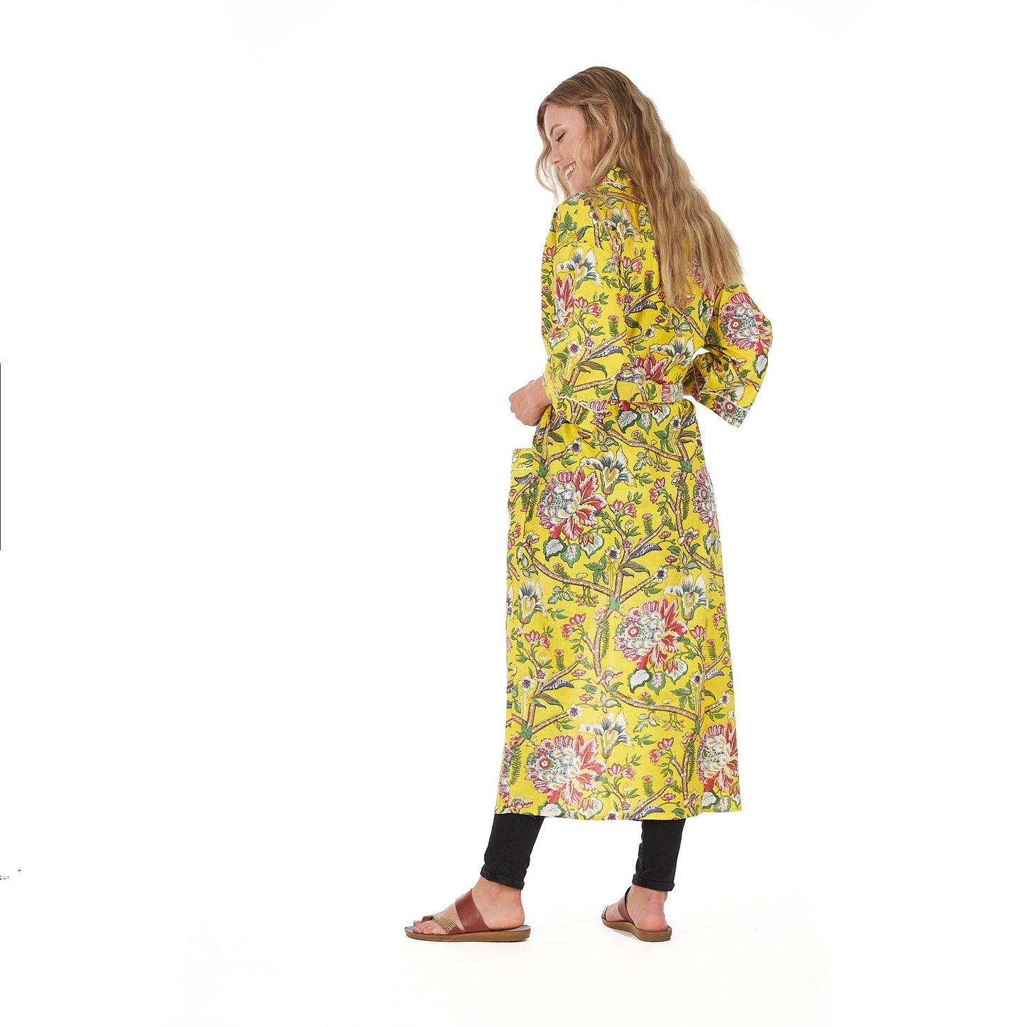 Lemon Floral Hues Frida Kahlo Inspired Kimono Robe – Bird of Paradise Print, 100% Cotton Cambric, Free Size, Versatile Kaftan, Bathrobe & Cardigan, Limited Edition