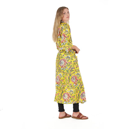 Lemon Floral Hues Frida Kahlo Inspired Kimono Robe – Bird of Paradise Print, 100% Cotton Cambric, Free Size, Versatile Kaftan, Bathrobe & Cardigan, Limited Edition