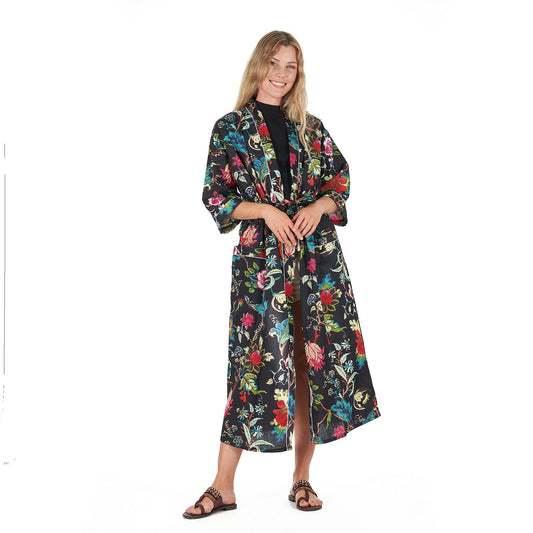 Noir Nights Frida Kahlo Inspired Kimono Robe – Bird of Paradise Print, 100% Cotton Cambric, Versatile Kaftan, Bathrobe & Cardigan, Free Size, Limited Edition