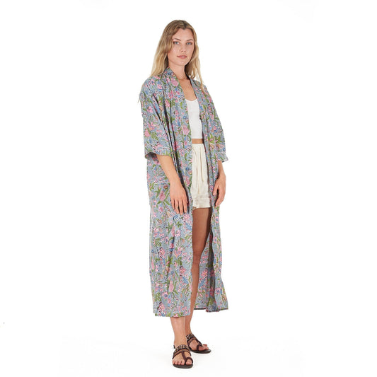 Coastal Escape 100% Cotton Kimono Robe – Hand Screen Printed, Bird of Paradise Design, Versatile Wear, Free Size, Gift-Ready, Limited Edition