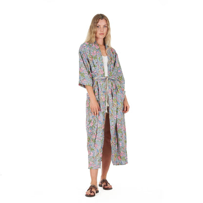 Coastal Escape 100% Cotton Kimono Robe – Hand Screen Printed, Bird of Paradise Design, Versatile Wear, Free Size, Gift-Ready, Limited Edition