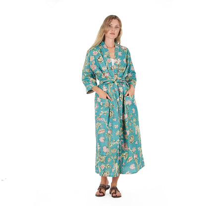 Coastal Cool 100% Cotton Kimono Robe – Bird of Paradise Hand-Screen Printed, Multi-Use, Free Size, Limited Edition, Soft & Breathable