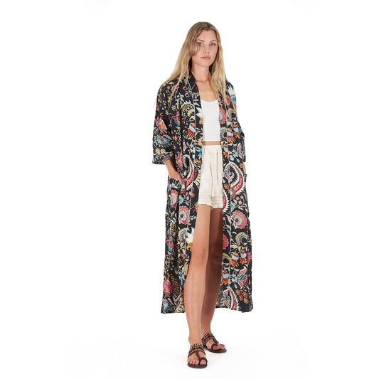 Twilight Tropics 100% Cotton Kimono Robe – Hand-Screen Printed Bird of Paradise, Multi-Use, Free Size, Limited Edition, Soft & Breathable