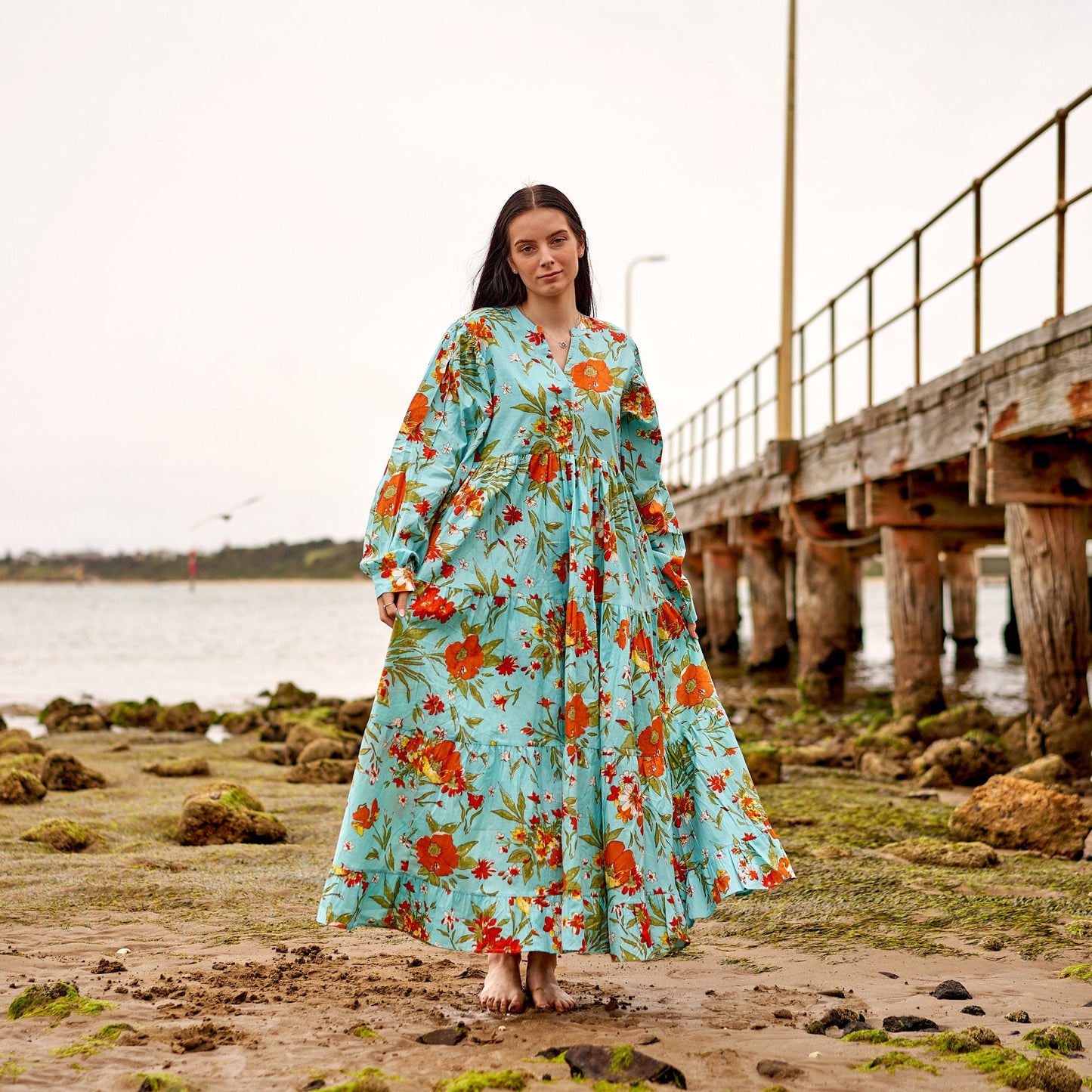 Blue Florals 100% Cotton Maxi Dress – Hand-Screen Printed Boho Floral Design, S/M & L/XL, Versatile Beach & Casual Dress, Elegant & Timeless