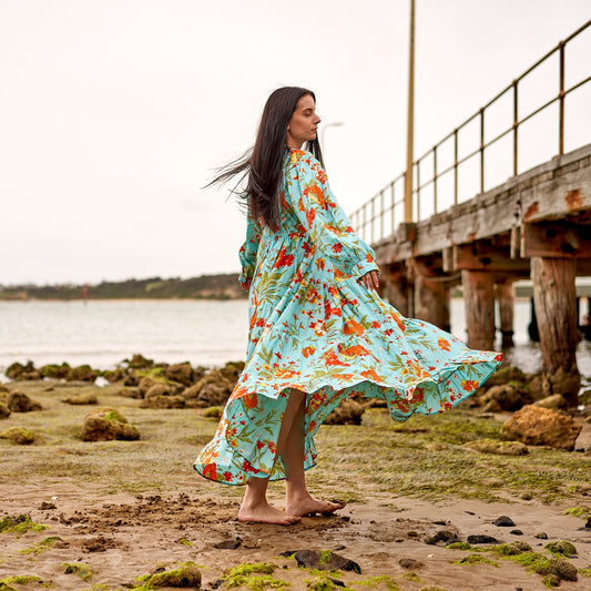 Blue Florals 100% Cotton Maxi Dress – Hand-Screen Printed Boho Floral Design, S/M & L/XL, Versatile Beach & Casual Dress, Elegant & Timeless