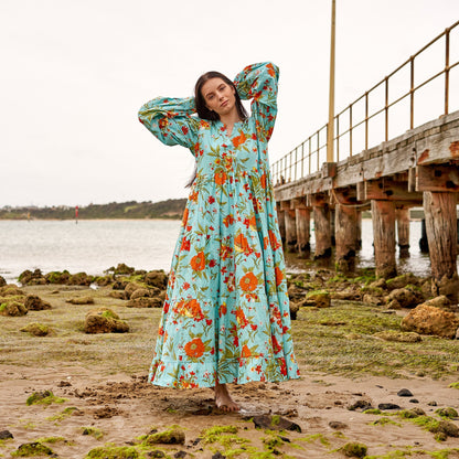 Blue Florals 100% Cotton Maxi Dress – Hand-Screen Printed Boho Floral Design, S/M & L/XL, Versatile Beach & Casual Dress, Elegant & Timeless