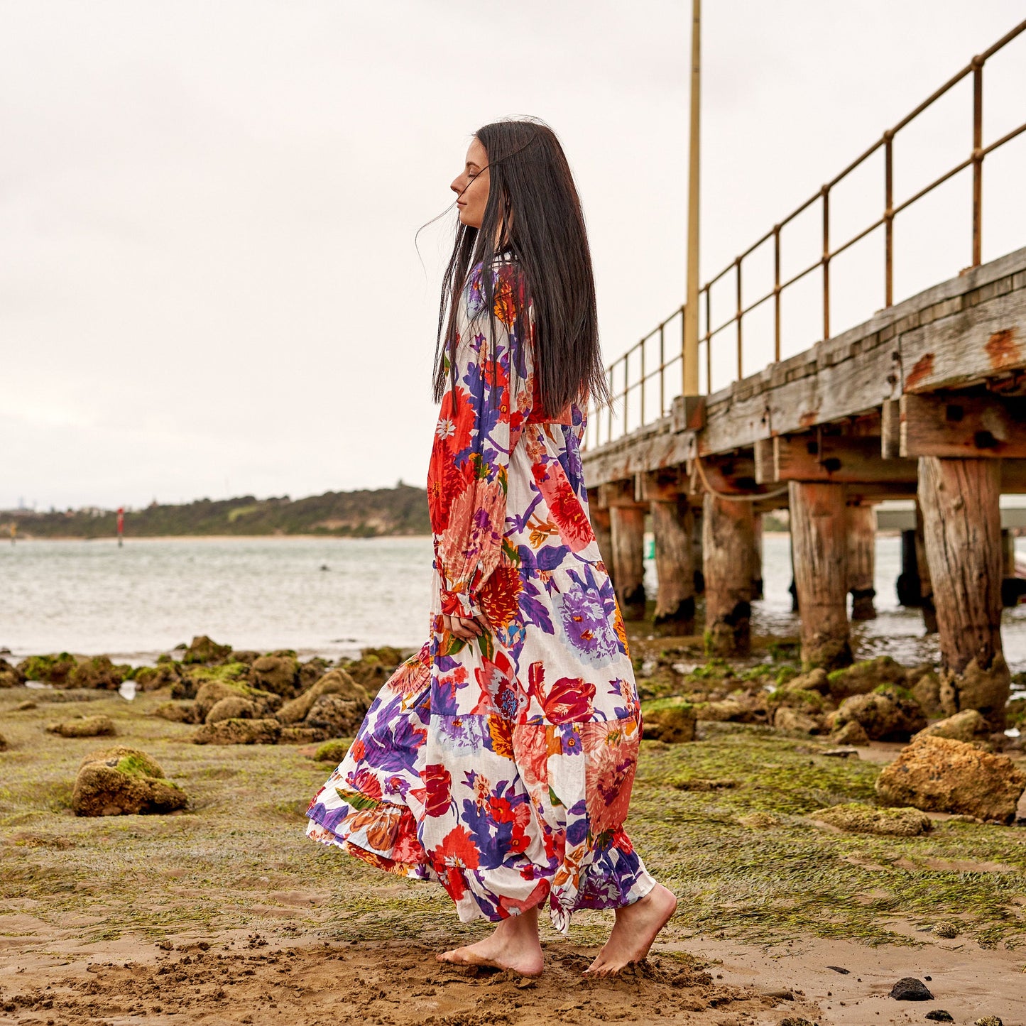 Bold Blooms 100% Cotton Maxi Dress – Hand-Screen Printed Floral Boho Design, S/M & L/XL, Elegant Beach & Casual Dress, Timeless Style