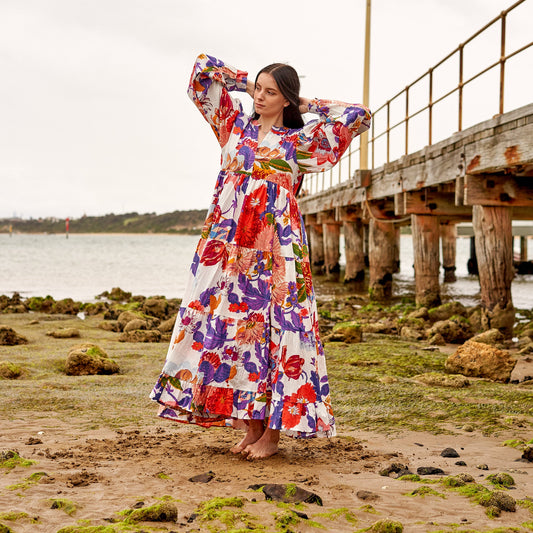 Bold Blooms 100% Cotton Maxi Dress – Hand-Screen Printed Floral Boho Design, S/M & L/XL, Elegant Beach & Casual Dress, Timeless Style