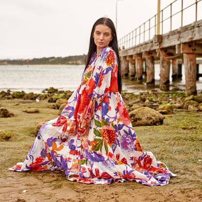 Bold Blooms 100% Cotton Maxi Dress – Hand-Screen Printed Floral Boho Design, S/M & L/XL, Elegant Beach & Casual Dress, Timeless Style