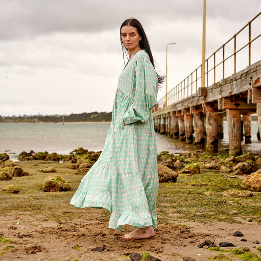 Mint Melange 100% Cotton Maxi Dress – Hand-Screen Printed Floral Design, S/M & L/XL, Comfortable & Timeless for All Seasons