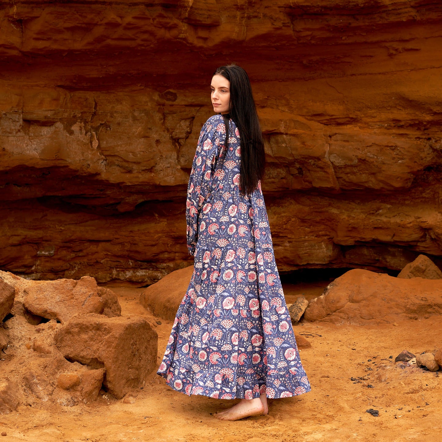 Peach Blossoms in Blue 100% Cotton Maxi Dress – Hand-Screen Printed Floral Design, S/M & L/XL, Timeless Boho Style