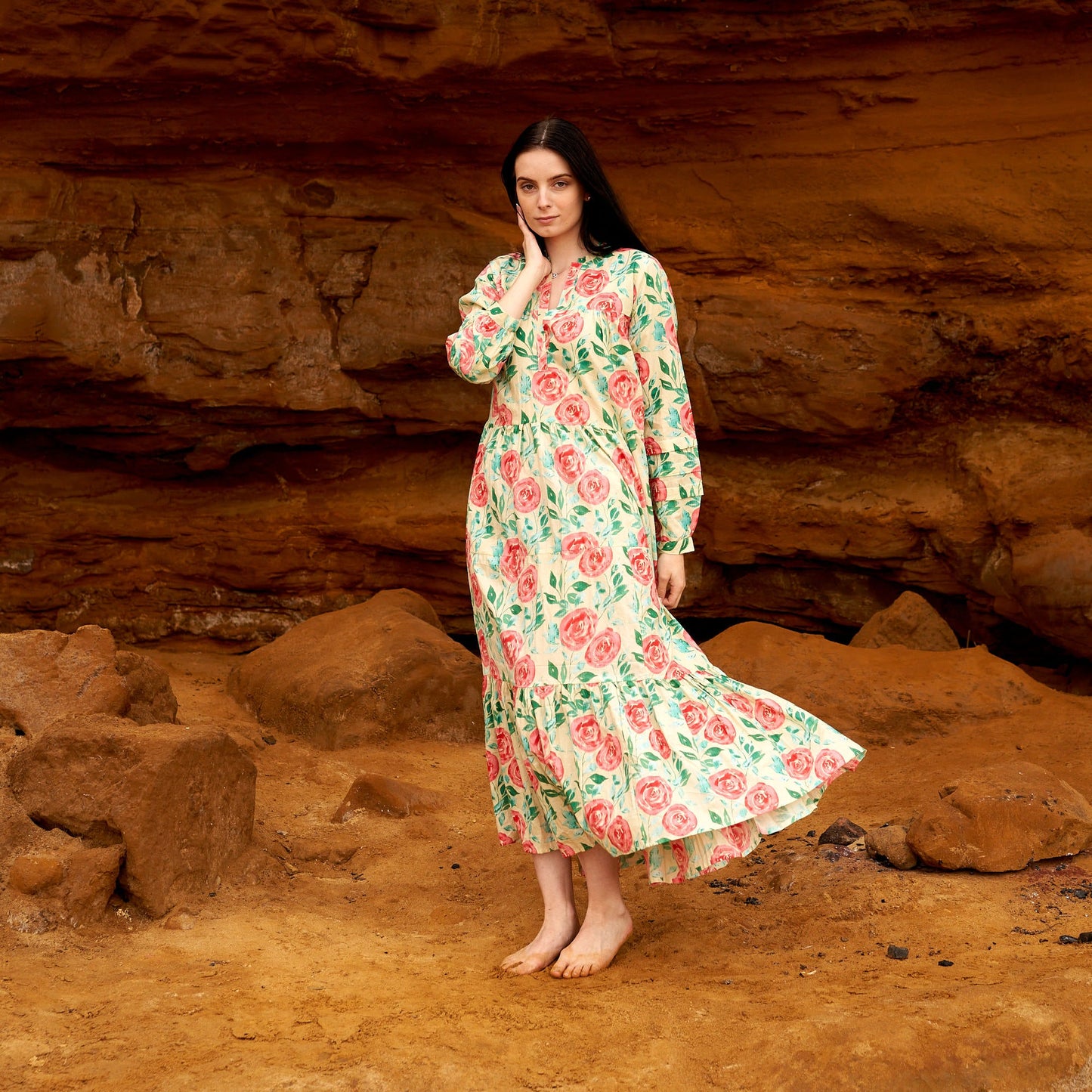 Rose Revival 100% Cotton Boho Maxi Dress – Hand-Screen Printed Floral Design, S/M & L/XL, Comfortable & Light for Any Occasion