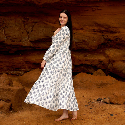 Azure Leaves 100% Cotton Maxi Dress – Hand-Screen Printed Floral Design, S/M & L/XL, Perfect for Any Season & Occasion