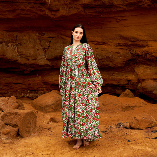 Vermilion Blooms 100% Cotton Maxi Dress – Hand-Screen Printed Boho Floral Design, S/M & L/XL, Soft & Breathable, Perfect for Any Occasion