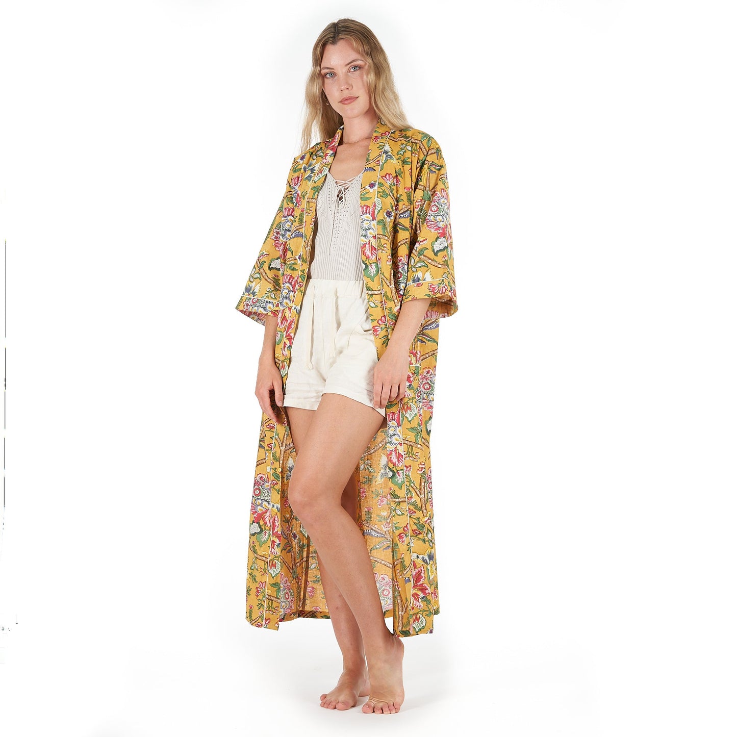 Mustard Mystique 100% Cotton Kimono Robe – Frida Kahlo-Inspired Hand-Screen Printed Kaftan, Versatile and Stylish, One-Size-Fits-All, Comfortable & Lightweight