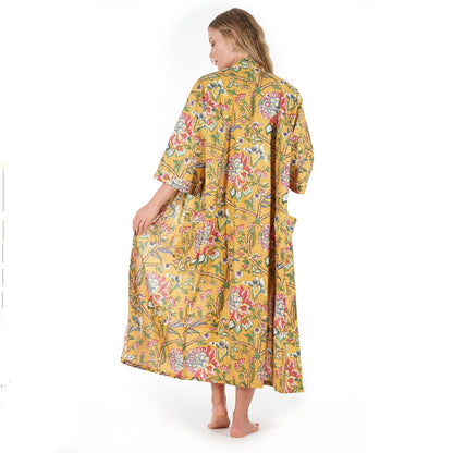 Mustard Mystique 100% Cotton Kimono Robe – Frida Kahlo-Inspired Hand-Screen Printed Kaftan, Versatile and Stylish, One-Size-Fits-All, Comfortable & Lightweight