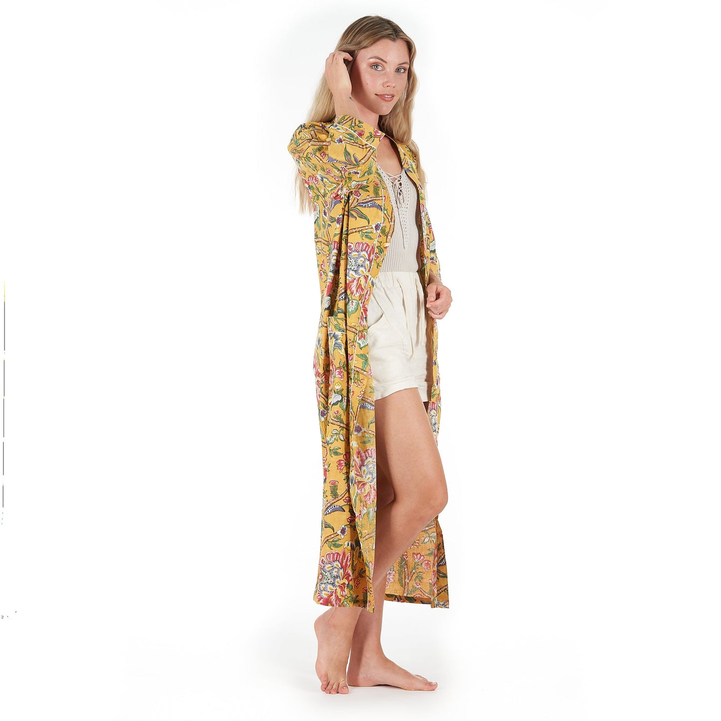 Mustard Mystique 100% Cotton Kimono Robe – Frida Kahlo-Inspired Hand-Screen Printed Kaftan, Versatile and Stylish, One-Size-Fits-All, Comfortable & Lightweight