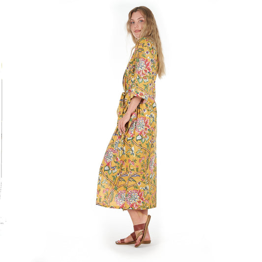 Mustard Mystique 100% Cotton Kimono Robe – Frida Kahlo-Inspired Hand-Screen Printed Kaftan, Versatile and Stylish, One-Size-Fits-All, Comfortable & Lightweight