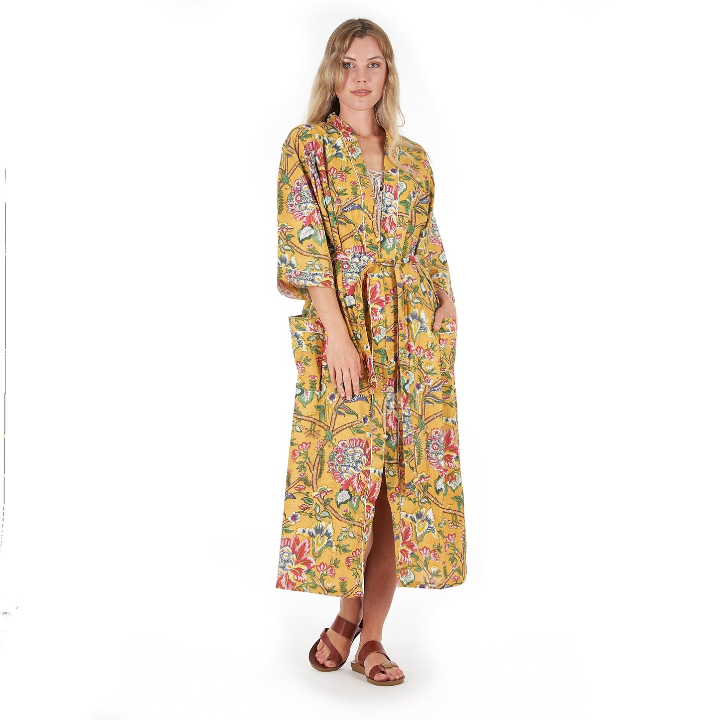 Mustard Mystique 100% Cotton Kimono Robe – Frida Kahlo-Inspired Hand-Screen Printed Kaftan, Versatile and Stylish, One-Size-Fits-All, Comfortable & Lightweight