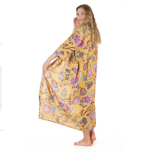 Yellow Rendezvous 100% Cotton Kimono Robe – Frida Kahlo-Inspired Bird of Paradise Kaftan, Versatile & Comfortable, One-Size-Fits-All, Limited Edition