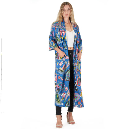 Bold Blue Florals Kimono Robe – 100% Cotton Frida Kahlo-Inspired Kaftan, Hand-Screen-Printed Bird of Paradise, Free Size, Versatile Lounge Wear