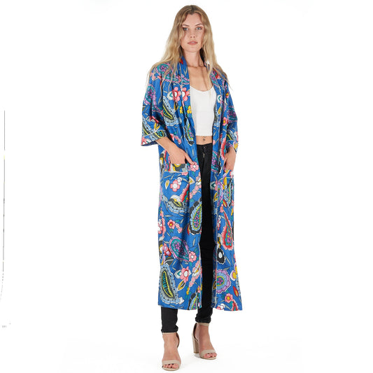 Bold Blue Florals Kimono Robe – 100% Cotton Frida Kahlo-Inspired Kaftan, Hand-Screen-Printed Bird of Paradise, Free Size, Versatile Lounge Wear