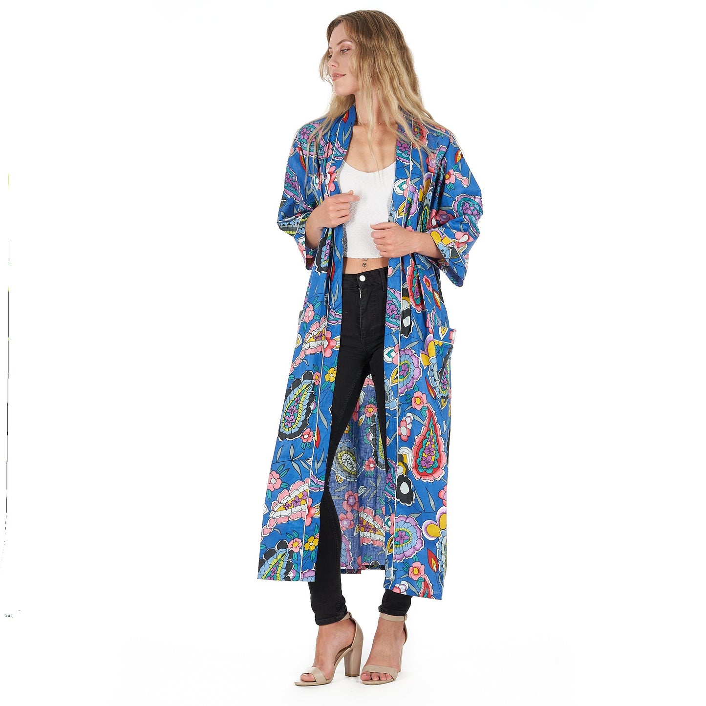 Bold Blue Florals Kimono Robe – 100% Cotton Frida Kahlo-Inspired Kaftan, Hand-Screen-Printed Bird of Paradise, Free Size, Versatile Lounge Wear