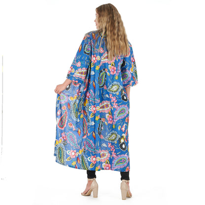 Bold Blue Florals Kimono Robe – 100% Cotton Frida Kahlo-Inspired Kaftan, Hand-Screen-Printed Bird of Paradise, Free Size, Versatile Lounge Wear