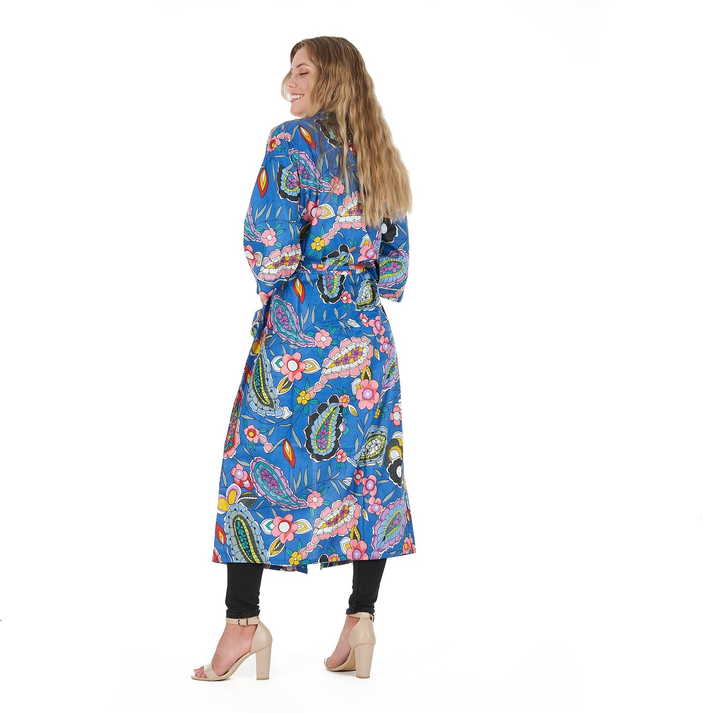 Bold Blue Florals Kimono Robe – 100% Cotton Frida Kahlo-Inspired Kaftan, Hand-Screen-Printed Bird of Paradise, Free Size, Versatile Lounge Wear