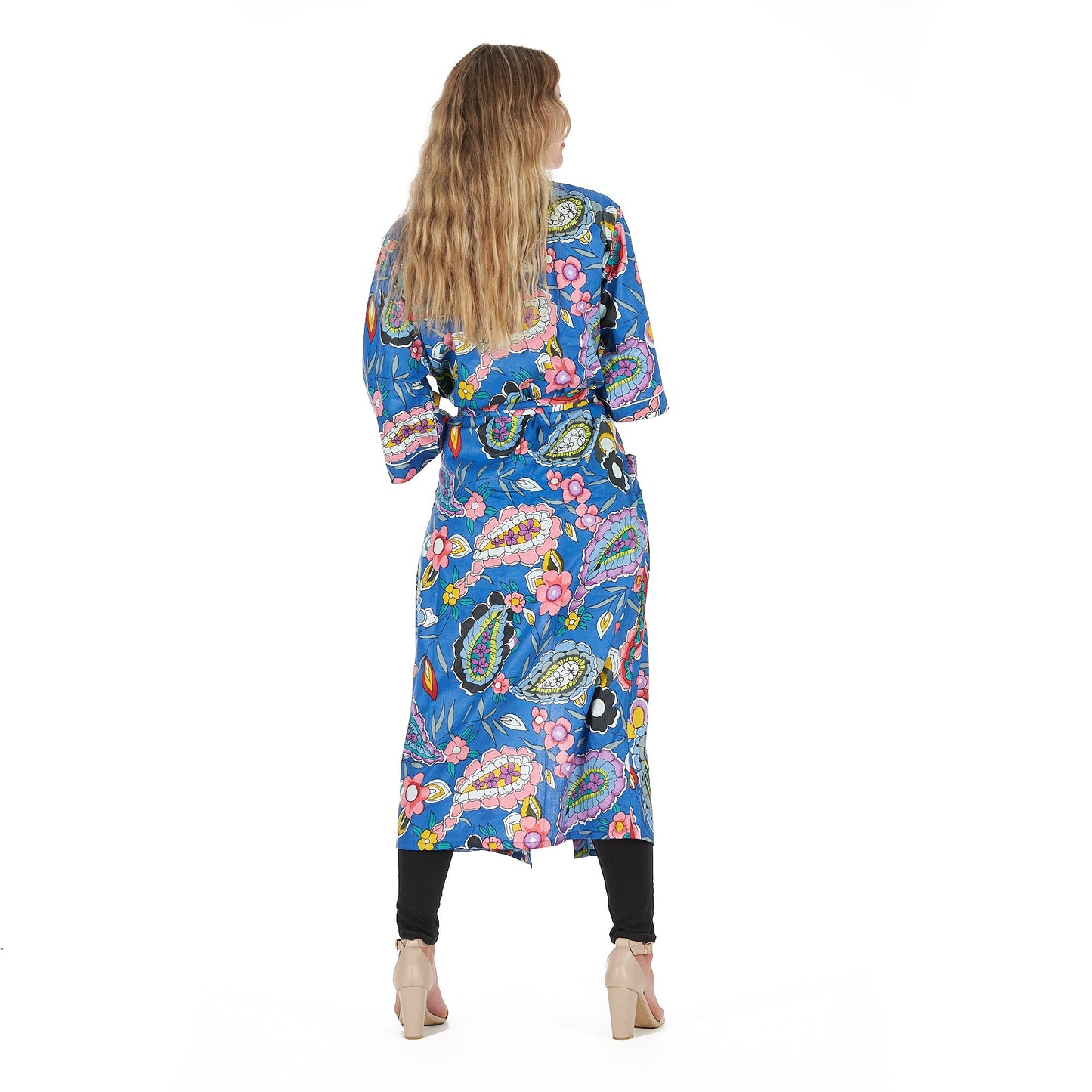 Bold Blue Florals Kimono Robe – 100% Cotton Frida Kahlo-Inspired Kaftan, Hand-Screen-Printed Bird of Paradise, Free Size, Versatile Lounge Wear