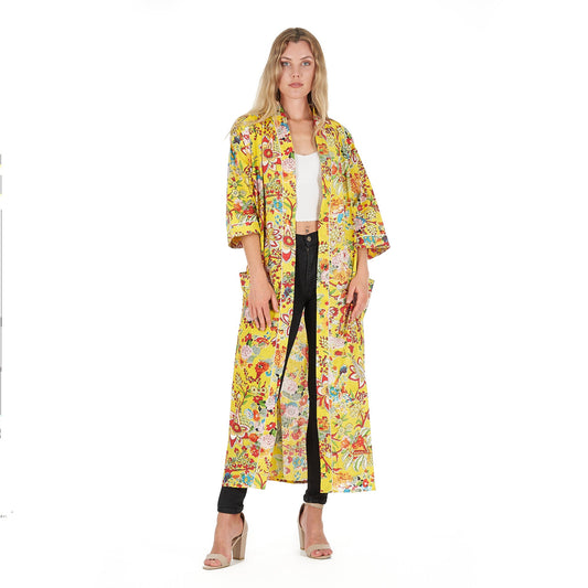 Tuscan Sunshine 100% Cotton Kimono Robe – Frida Kahlo Inspired, Bird of Paradise Print, Lightweight & Breathable, Versatile Kaftan, Free Size with Pockets