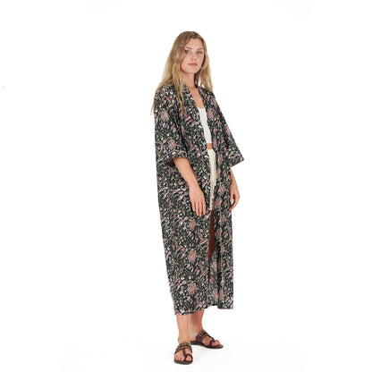 Noir Oasis 100% Cotton Kimono Robe – Bird of Paradise Hand Screen Printed, Versatile Wear, Free Size, Limited Edition, Comfortable & Stylish