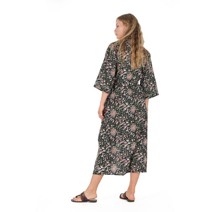 Noir Oasis 100% Cotton Kimono Robe – Bird of Paradise Hand Screen Printed, Versatile Wear, Free Size, Limited Edition, Comfortable & Stylish