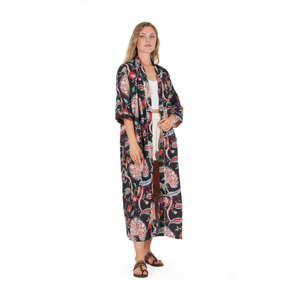 Midnight Mystique 100% Cotton Kimono Robe – Bird of Paradise Hand Screen Printed, Versatile Wear, Free Size, Limited Edition, Comfortable & Stylish