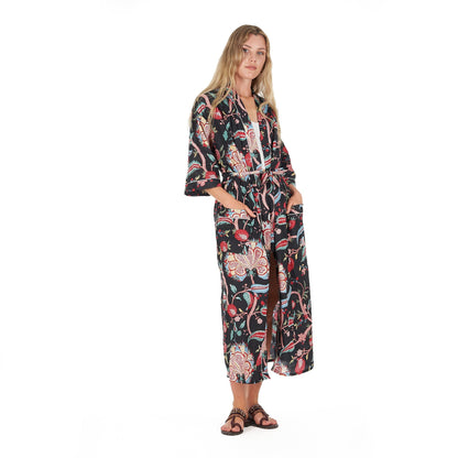 Midnight Mystique 100% Cotton Kimono Robe – Bird of Paradise Hand Screen Printed, Versatile Wear, Free Size, Limited Edition, Comfortable & Stylish