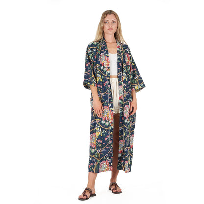 Nocturnal Botanics 100% Cotton Kimono Robe – Bird of Paradise Hand-Screen Printed, Versatile Wear, Free Size, Limited Edition, Comfortable & Stylish