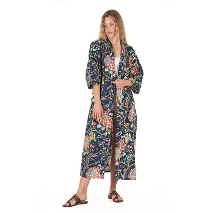 Nocturnal Botanics 100% Cotton Kimono Robe – Bird of Paradise Hand-Screen Printed, Versatile Wear, Free Size, Limited Edition, Comfortable & Stylish