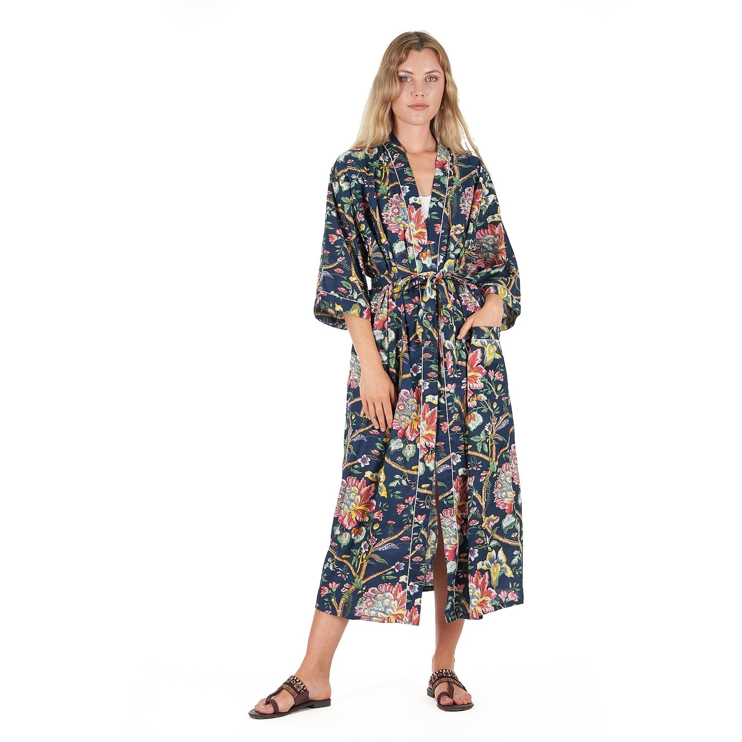 Nocturnal Botanics 100% Cotton Kimono Robe – Bird of Paradise Hand-Screen Printed, Versatile Wear, Free Size, Limited Edition, Comfortable & Stylish