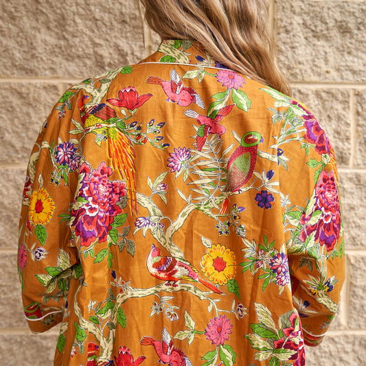 Vibrant Flora 100% Cotton Kimono Robe – Frida Kahlo-Inspired, Bird of Paradise Hand-Screen Printed, Versatile Bathrobe, Kaftan, Cardigan