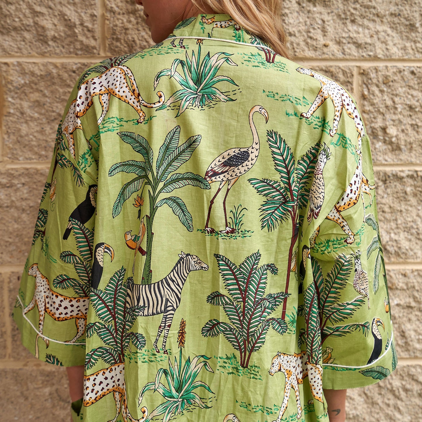 Safari Splendour 100% Cotton Kimono Robe – Frida Kahlo-Inspired Bird of Paradise Print, Breathable, Versatile Loungewear, Handmade in India, Free-Size